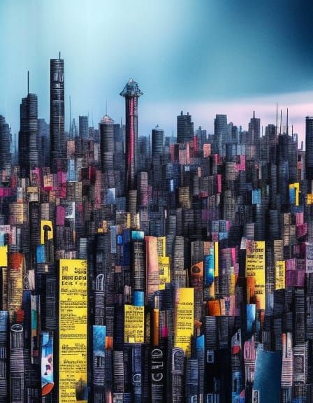 Newspaper Cityscape Collage in Scifi Noir Style