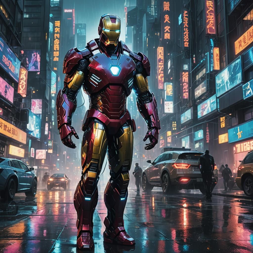 Iron Man in Neon-Lit Cyberpunk Cityscape