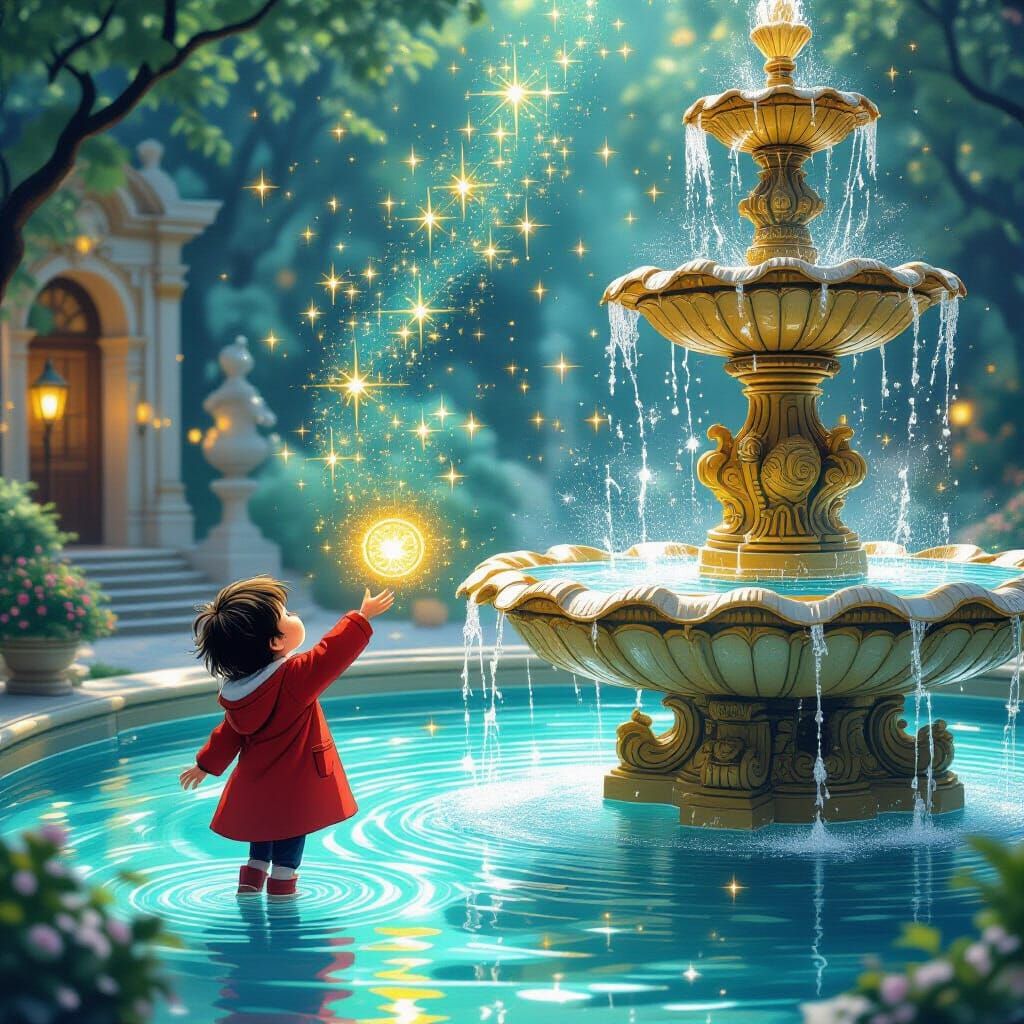Mystical Rococo Fountain with Child and Coin