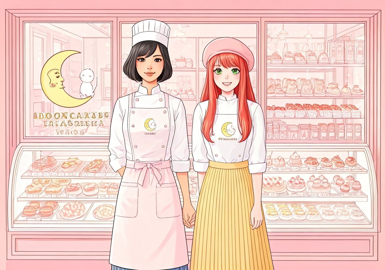 Two Women Working at Cute Mooncakes Patisserie in Manga Styl...