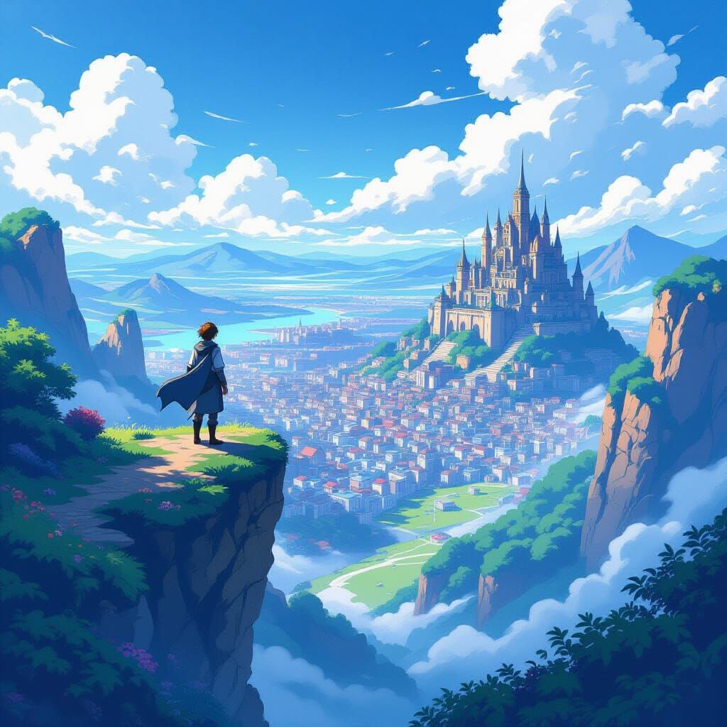 Fantasy Anime Landscape with Adventurer by Cliff