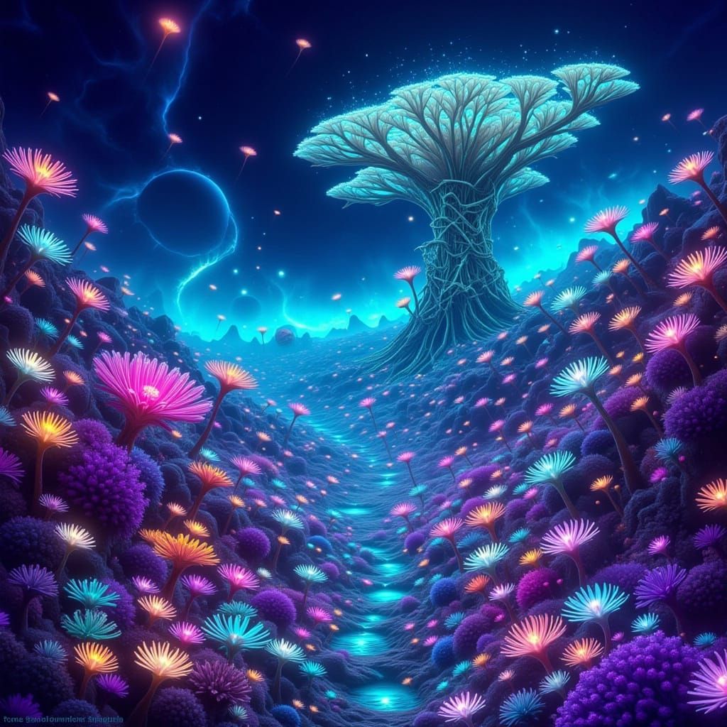 Bioluminescent Alien Coral Reef With Fantastical Creatures