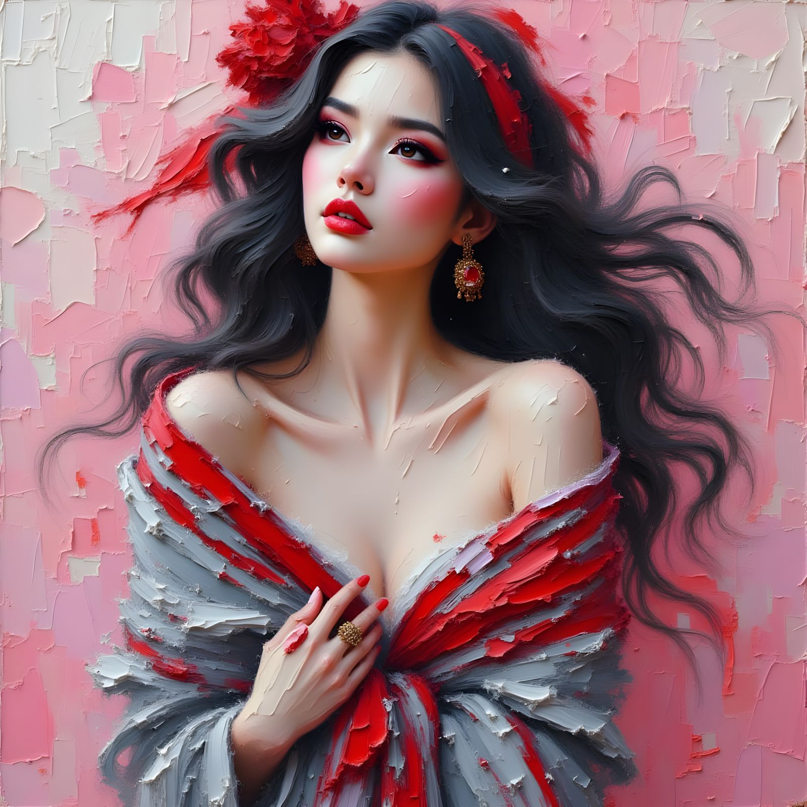 Ravishing Lady in Impasto Oil and Watercolor Style