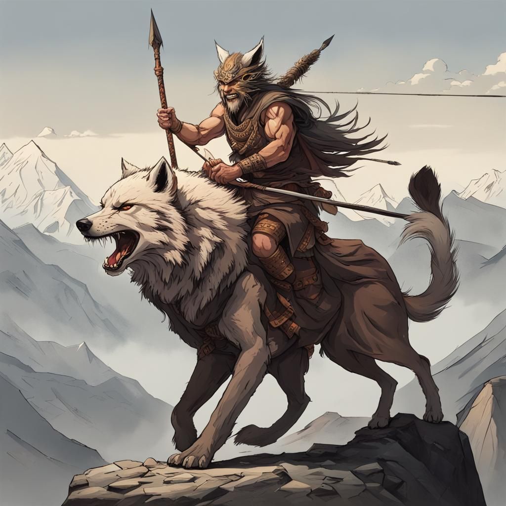 Nomadic Warrior Rides a Wolf-like Beast