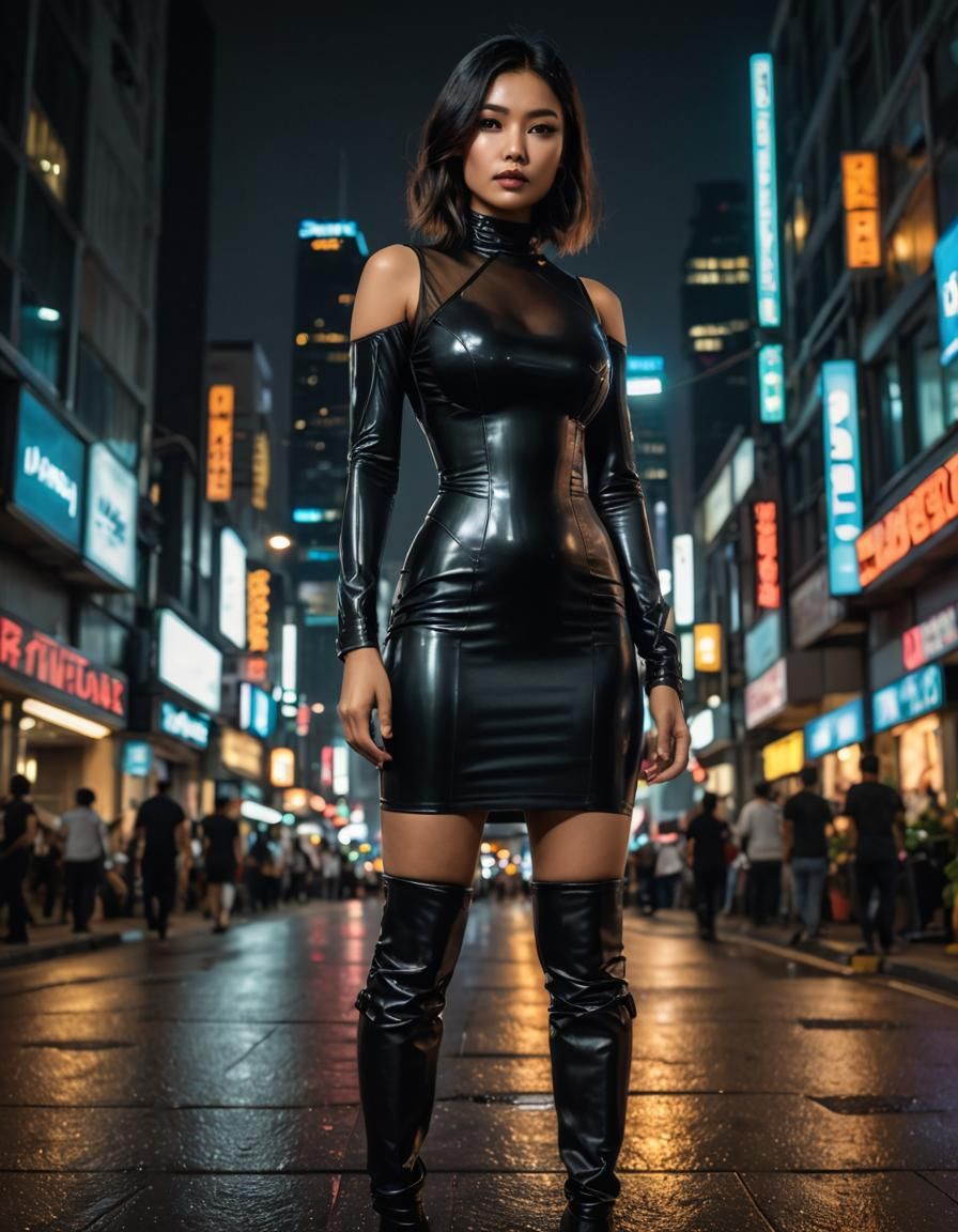Cyberpunk City at Night: Indonesian Woman in Latex
