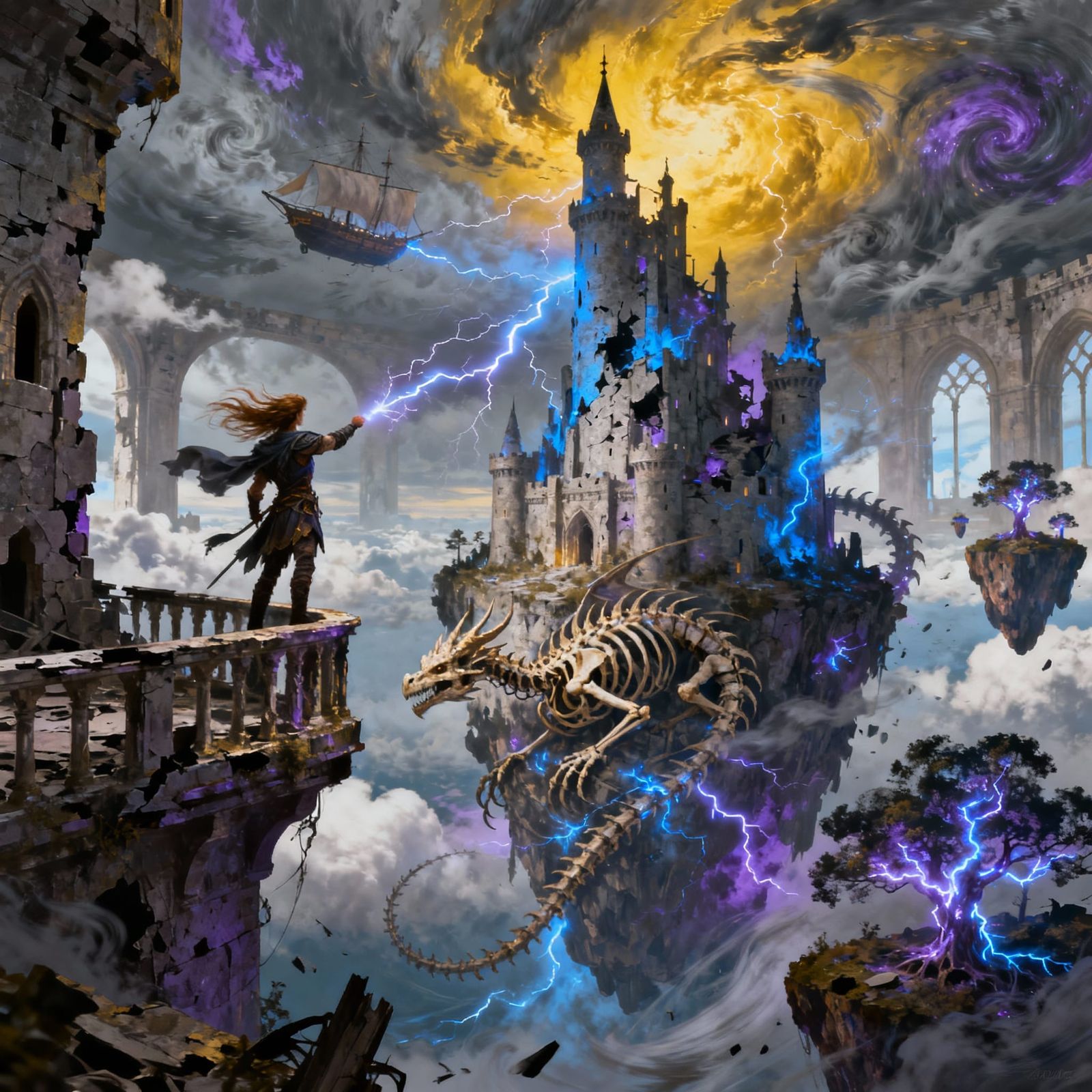 Floating Castle in Stormy Skies with Warrior