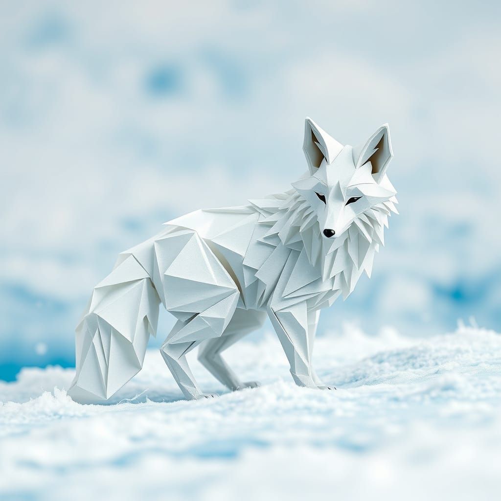 Ethereal Arctic Fox in Whimsical Origami Landscape