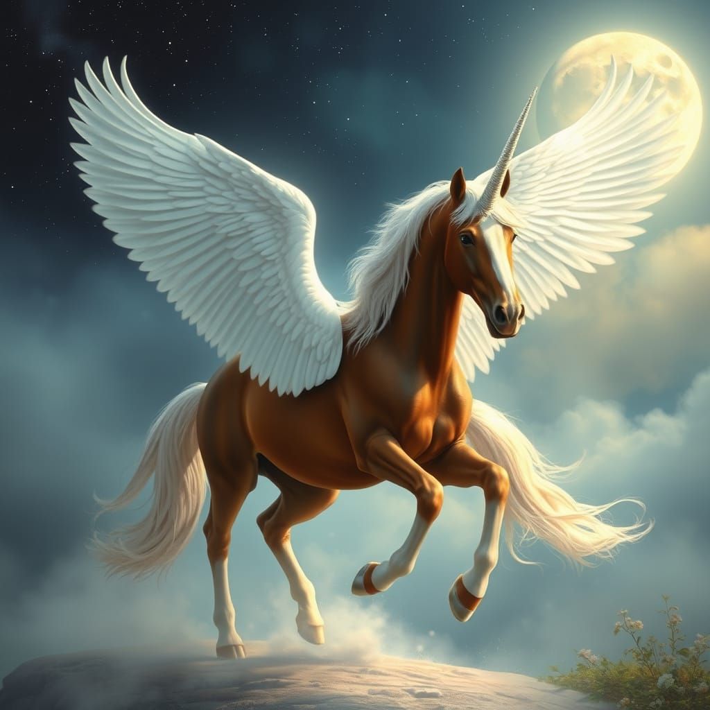 Ethereal Pegasus-Unicorn Hybrid Under Moonlight