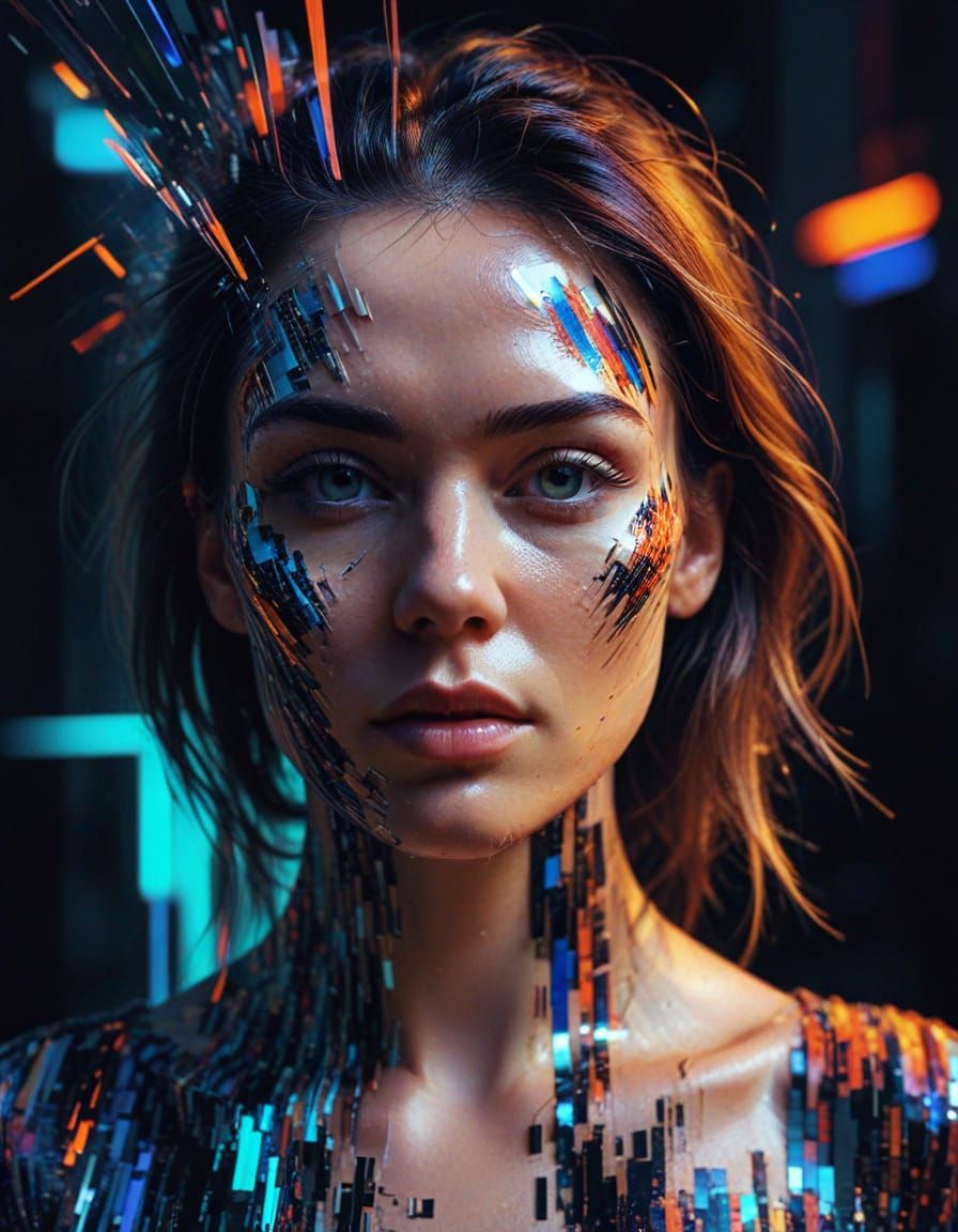 Glitch Art Portrait of Woman in Digital Landscape