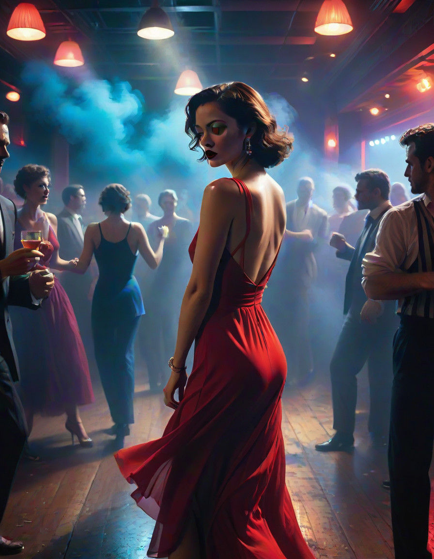 Sultry Nightclub Siren in a Neon Red Dress