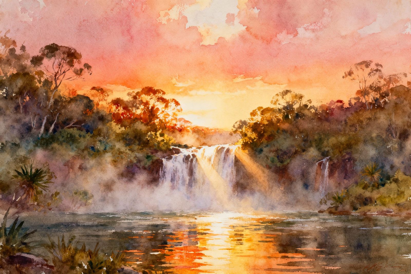Watercolour Waterfall Sunrise in Australian Bushlands