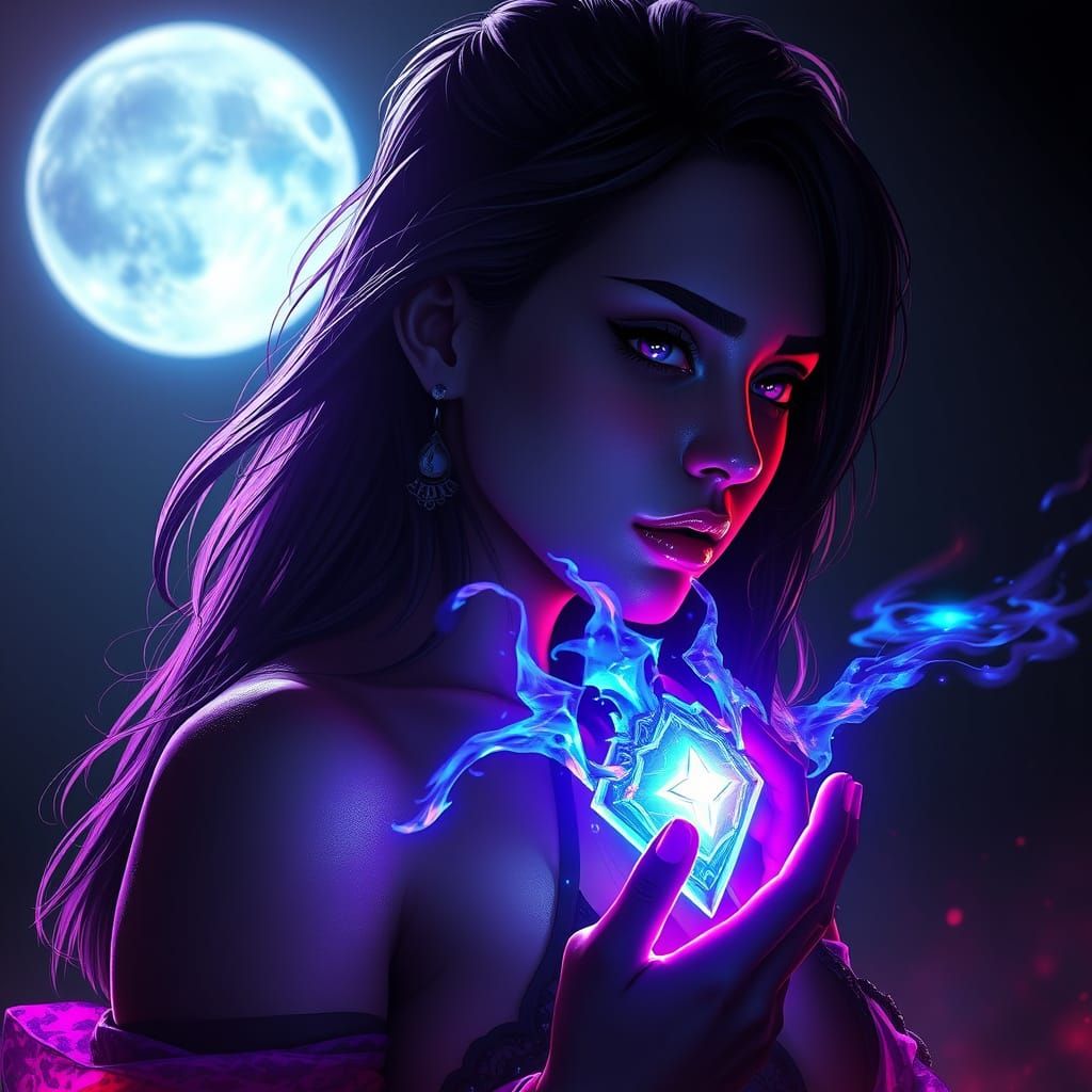 Anime Woman Silhouette with Magic Power in Moonlight