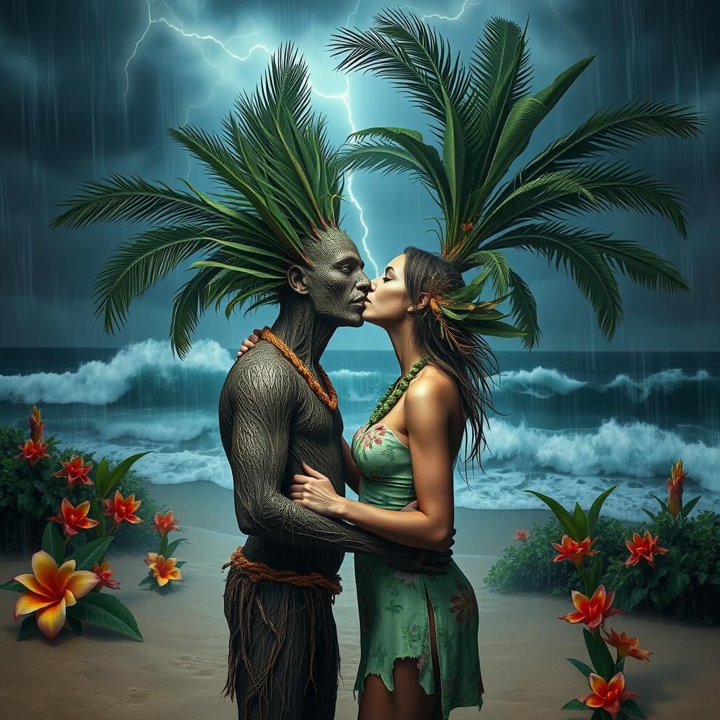 Palm Tree Humanoids Share a Kiss on Stormy Beach