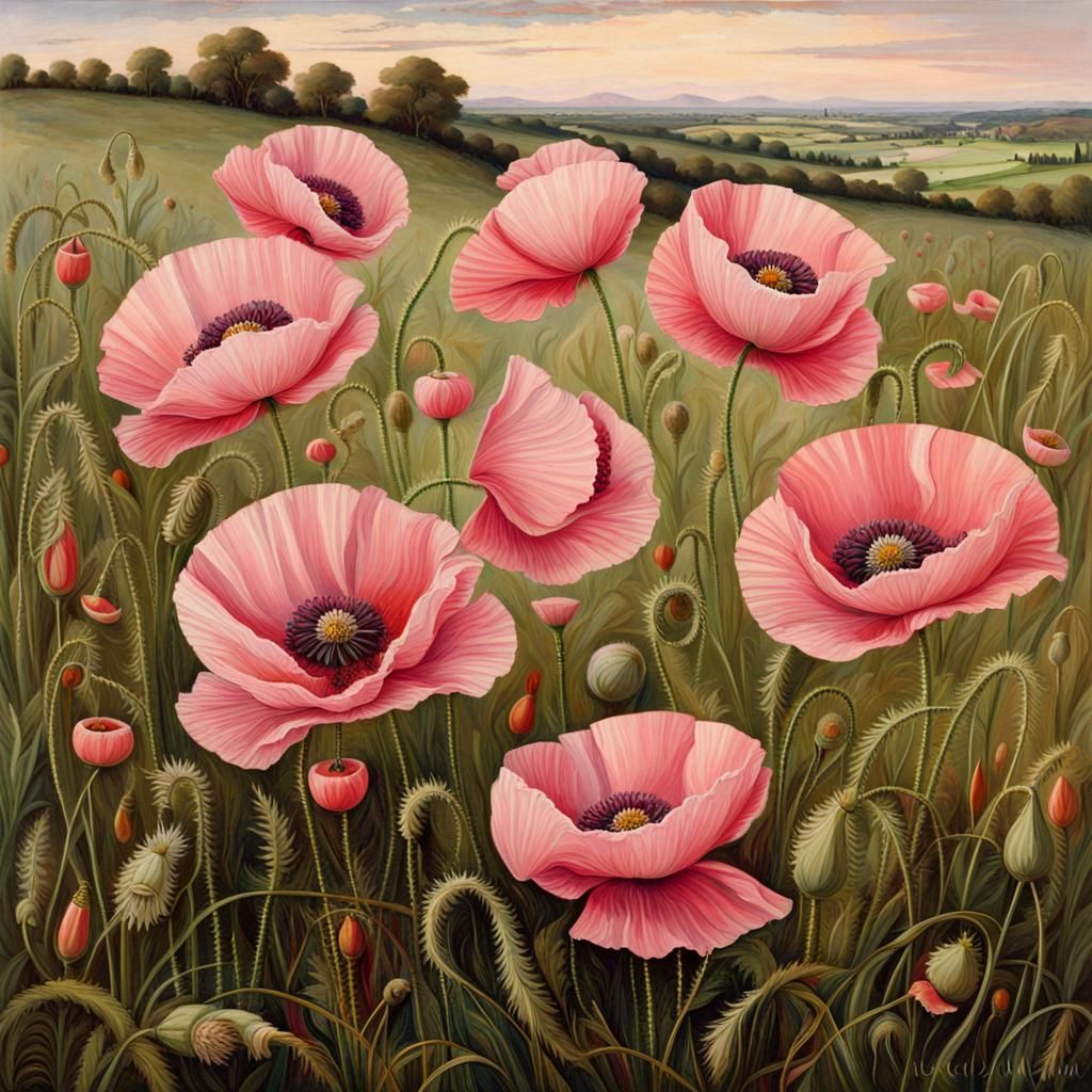 Pink Poppies in Grassy Field, Pre-Raphaelite Style