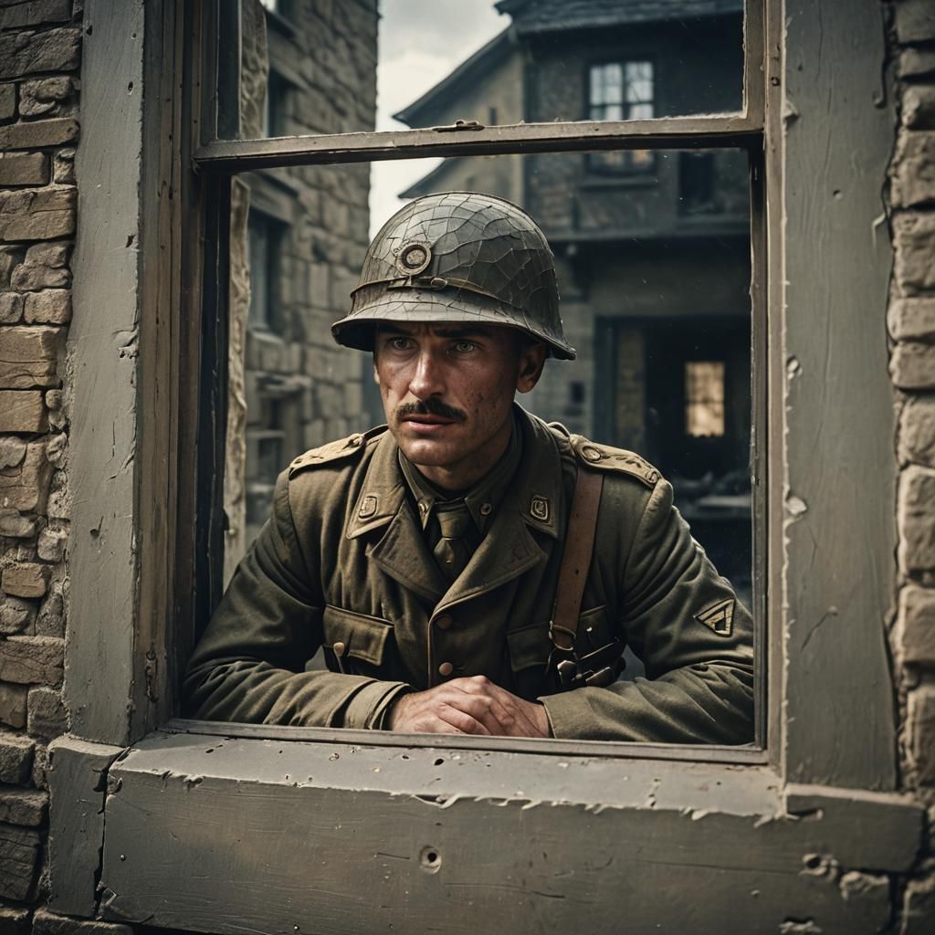 WWI Soldier Gazing Through Window: Cinematic Film Still