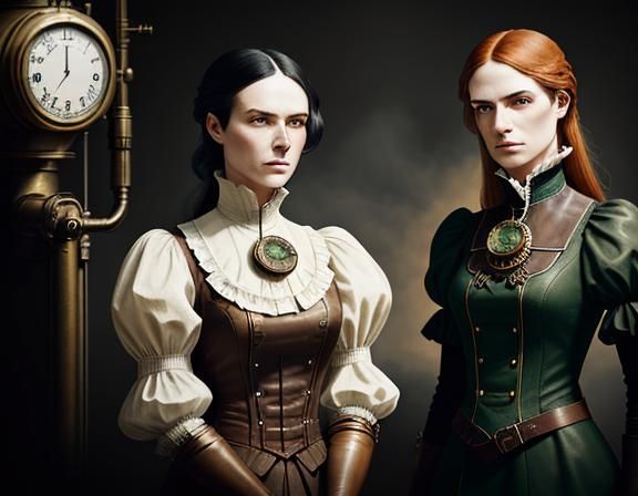 Steampunk Twins in Time Machine: Dark Fantasy Art