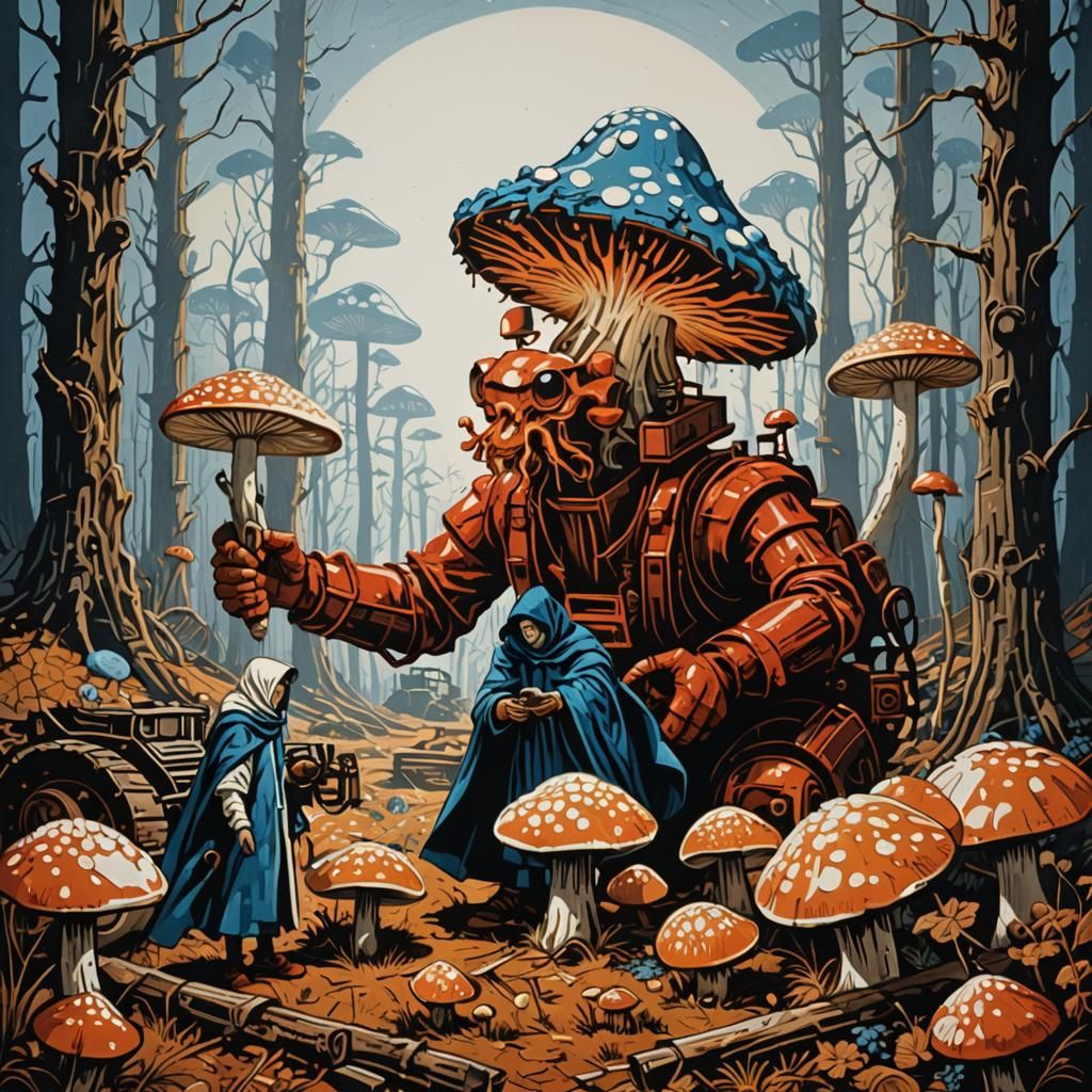 Futurist Linocut: Activists Tending Glowing Mushrooms