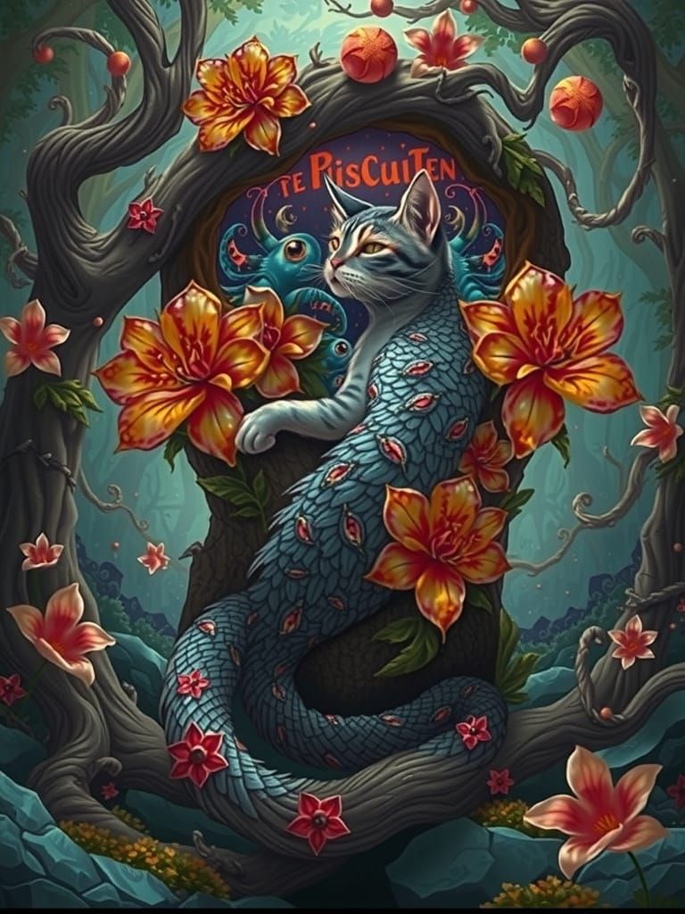 Whimsical Cat in Vibrant Forest Tapestry