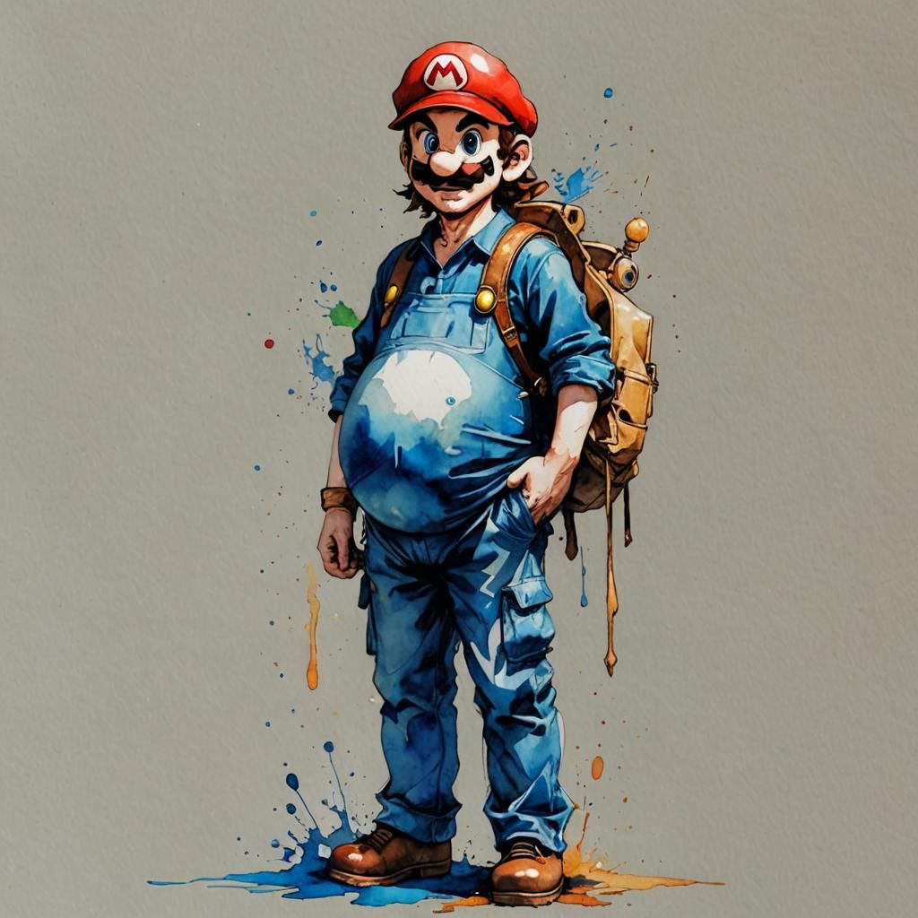 Pregnant Mario: Watercolors, Alcohol Ink, Comic Art