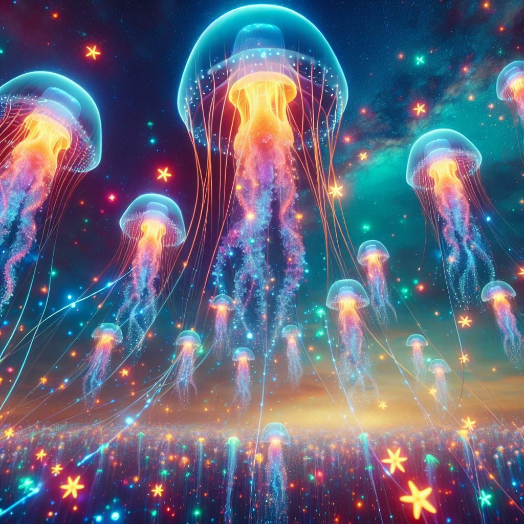 Neon Jellyfish Ascend in Surreal Starry Sky