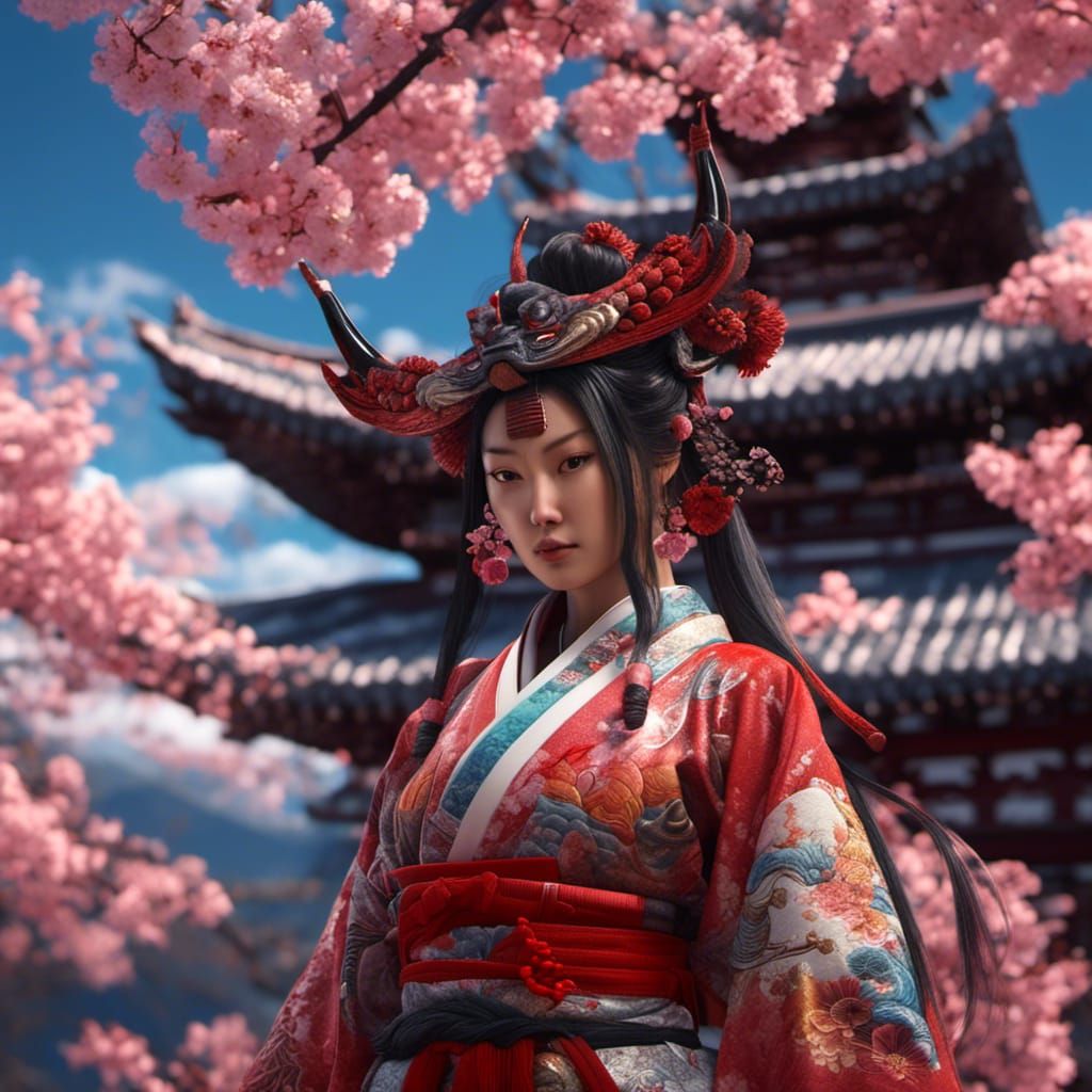 Beautiful Samurai Lady with Demon Dragon