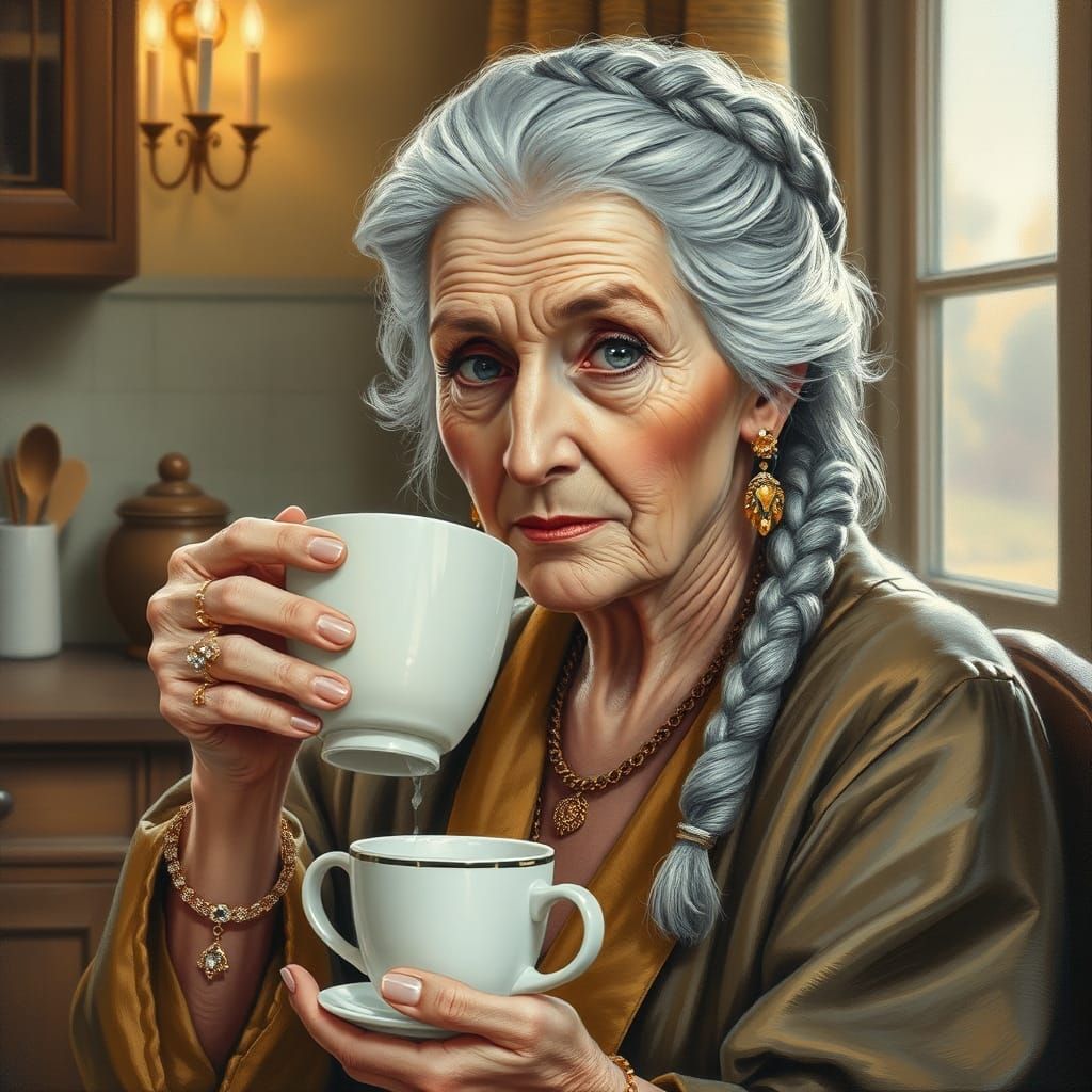 Elegant Old Woman Sipping Coffee: Oil Painting