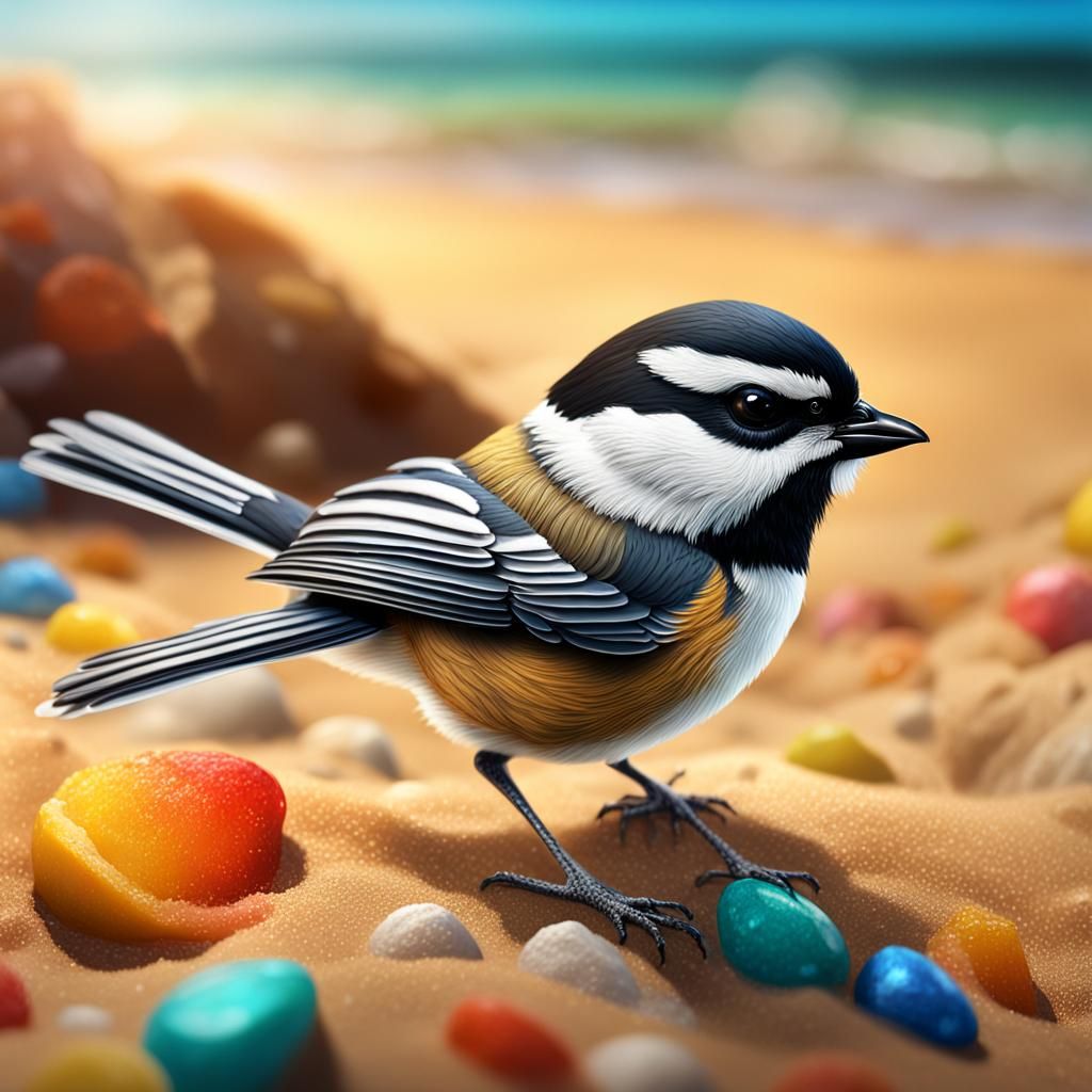 Chickadee in Sunglasses: Hyperrealistic Beach Scene