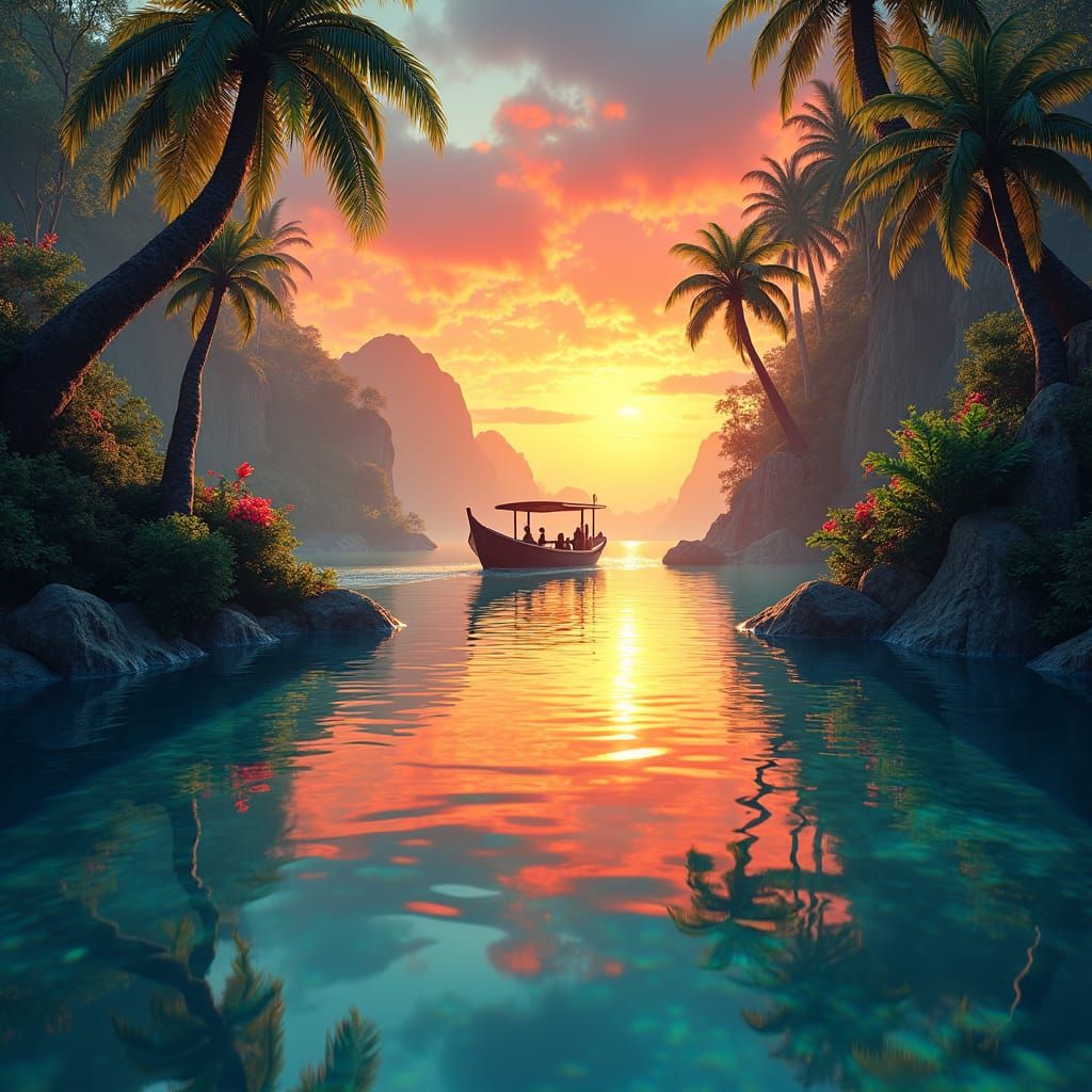 Neotropical Sunset Reflected in Lagoon, Hyperrealistic Matte...