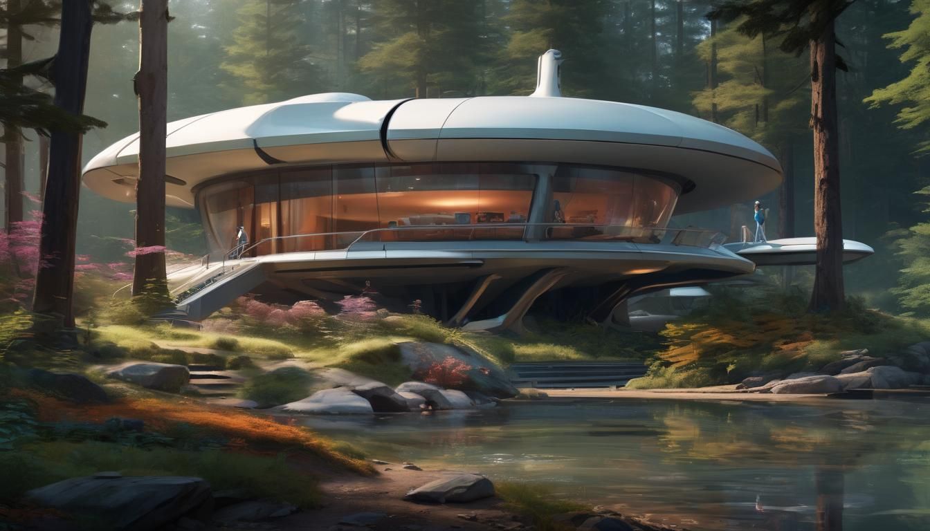 ultra modern house in a forest by a river, a builders nightm...