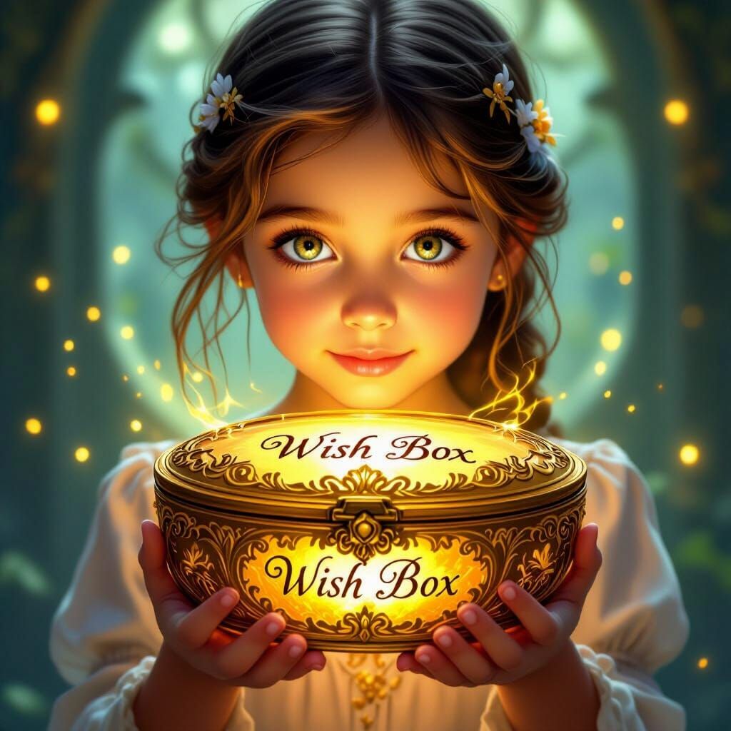 Girl Holds Ornate Golden Wish Box, Fantasy Concept Art Style
