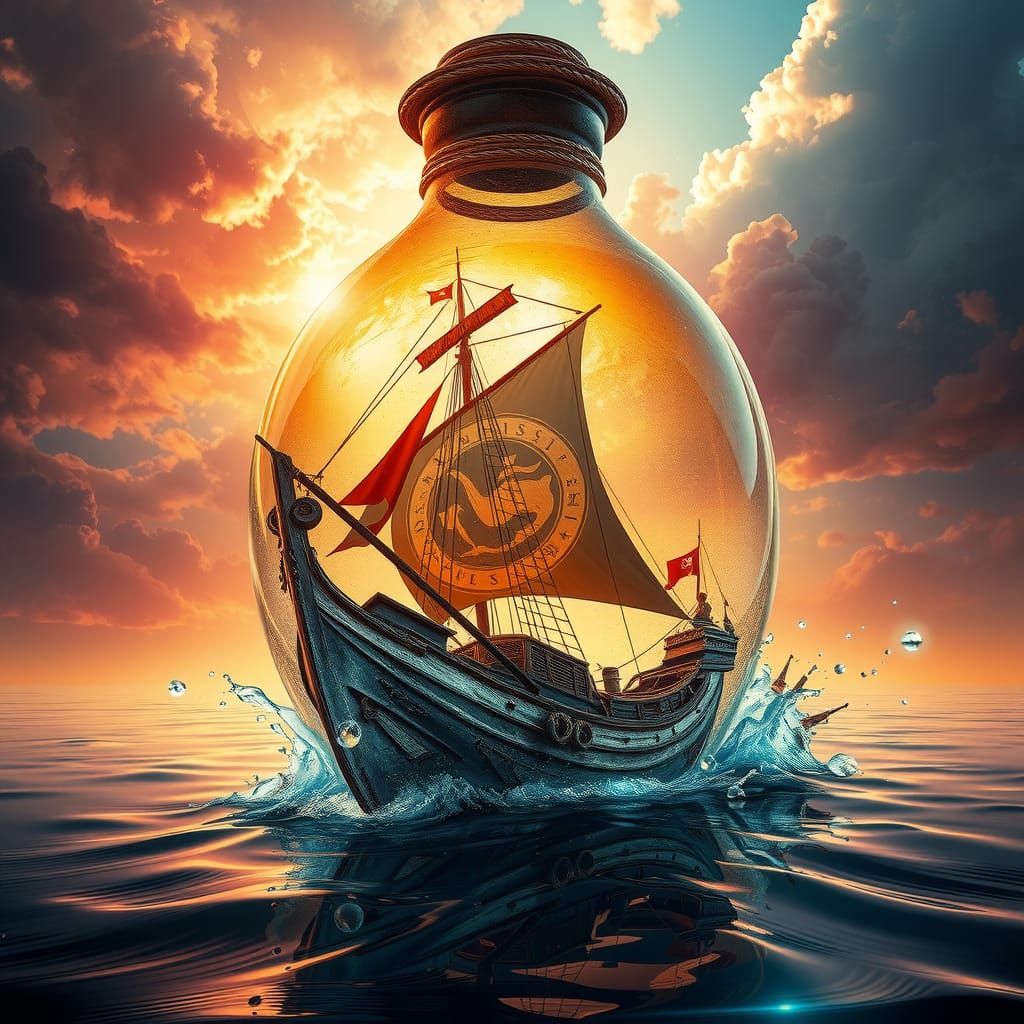 Ship in a Bottle: Hyperrealistic Splash Art