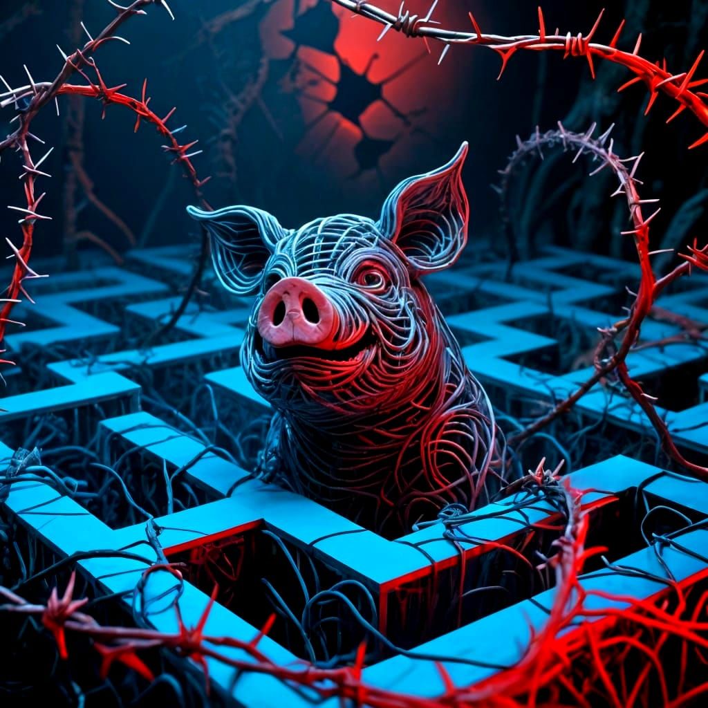 Wire Art Pig-Monster Lost in Thorny Maze