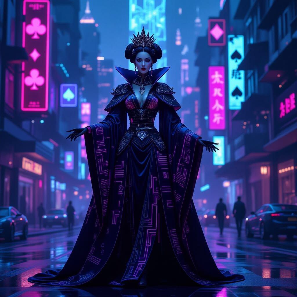 Cyberpunk Queen of Spades Rules Neon Metropolis