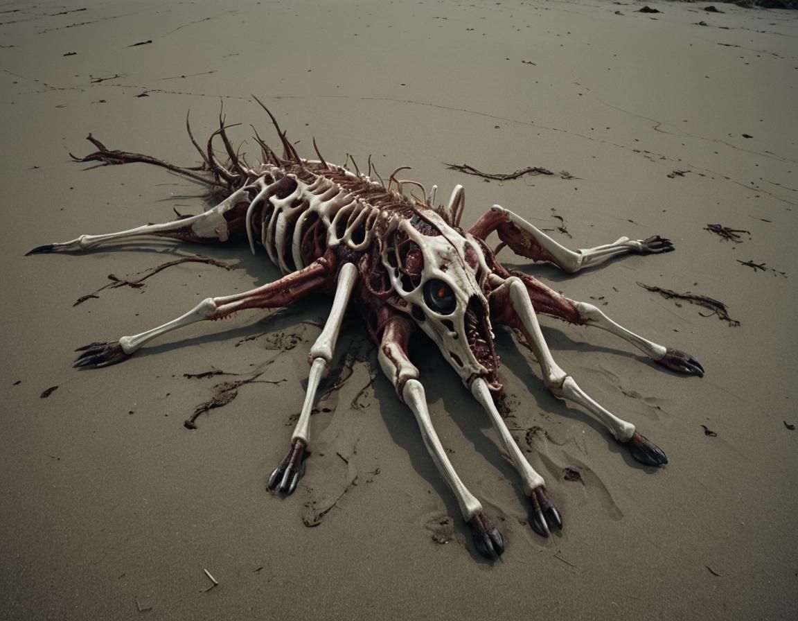 Stranded Horror: Insectoid Carcass on a Beach