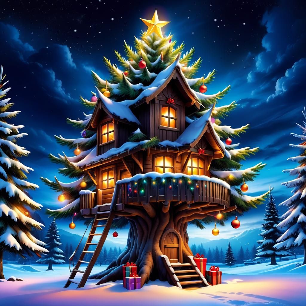 Festive Christmas Treehouse in Vivid Ink Style