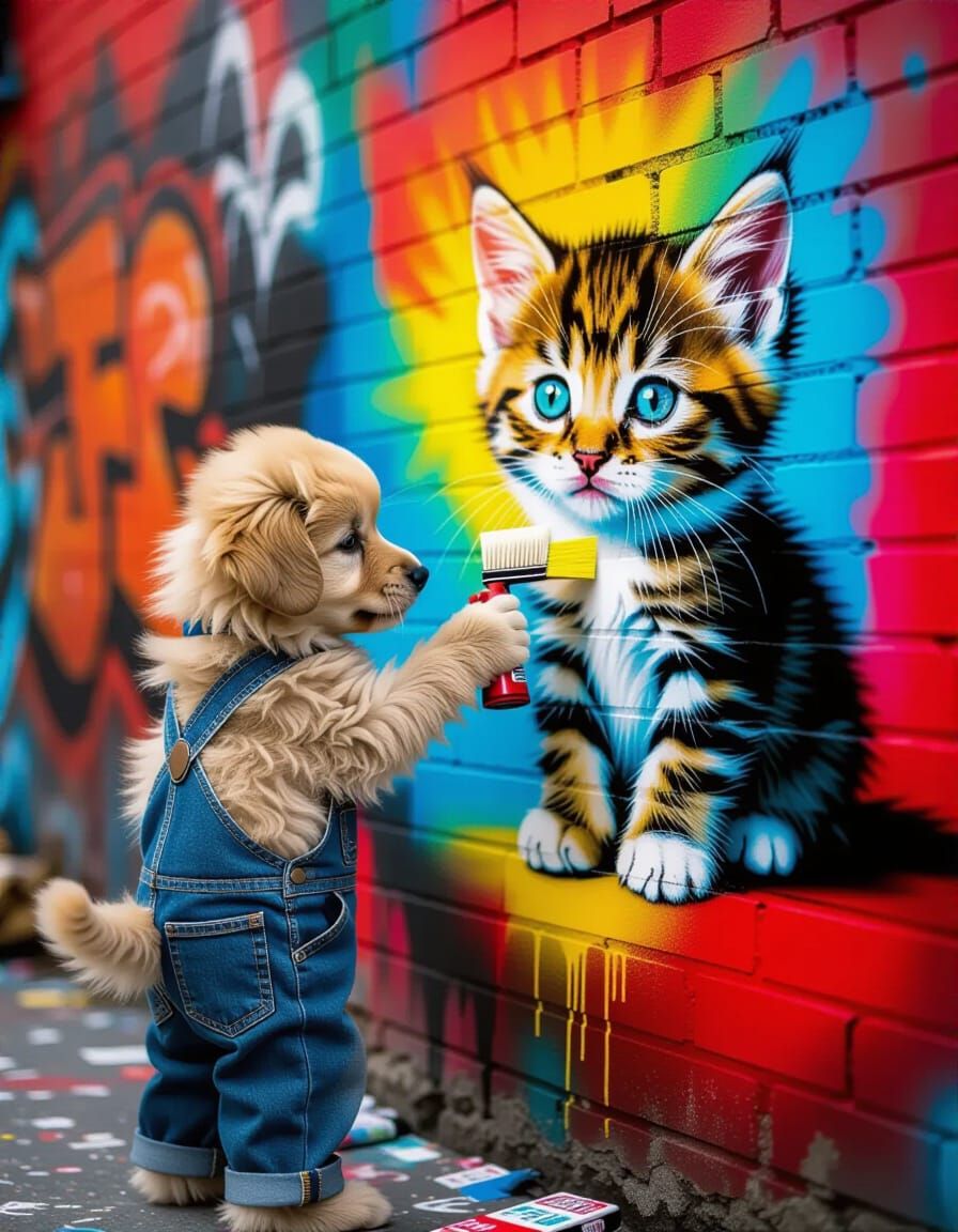 Puppy Paints Surreal Kitten Portrait on Brick Wall
