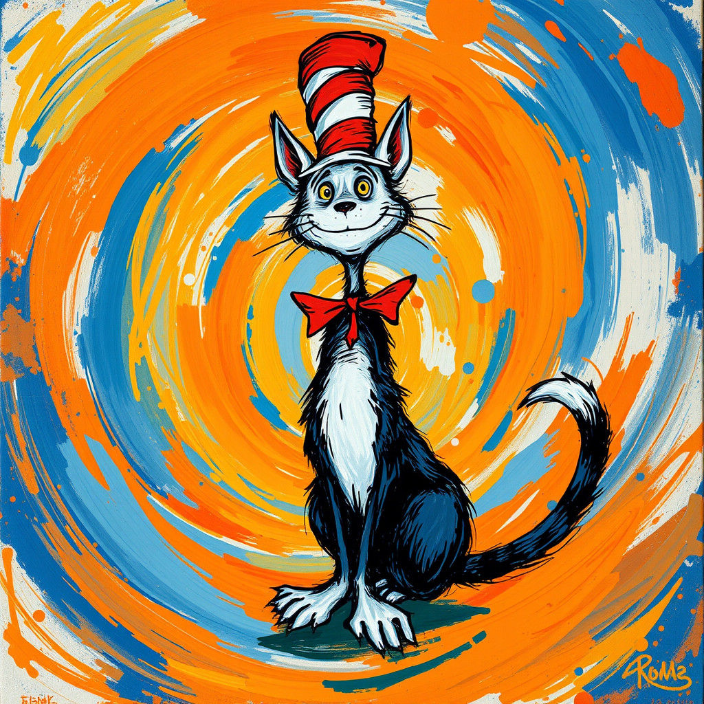 Whimsical Feline in Abstract Expressionist Style