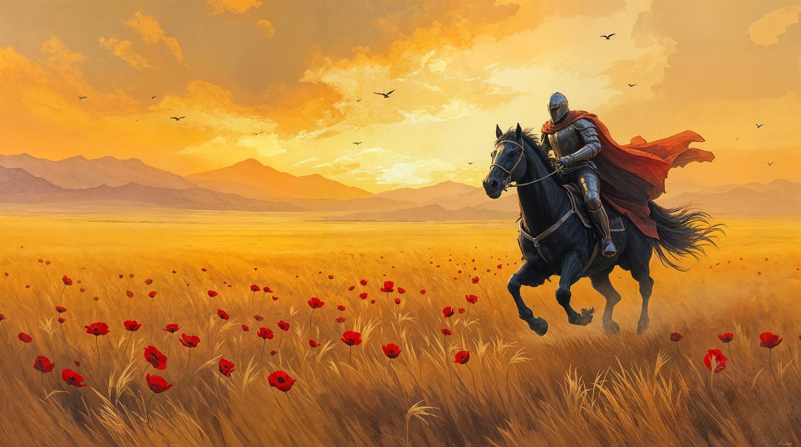 Dramatic Sunset Knight in Impressionistic Wheat Field
