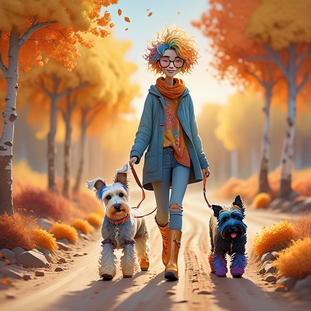 Girl and Dog in Autumn Light, Whimsical Illustration