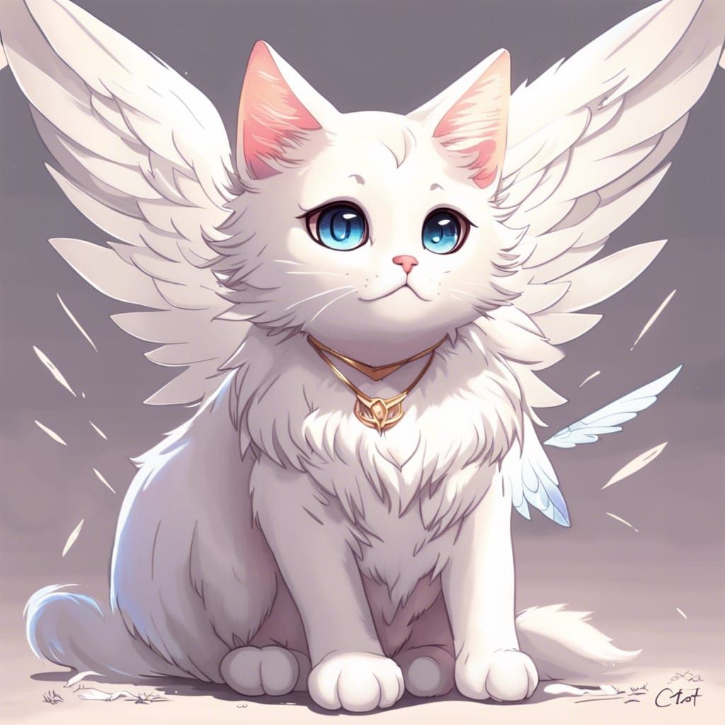 Anime Cat with Angel Wings Digital Art