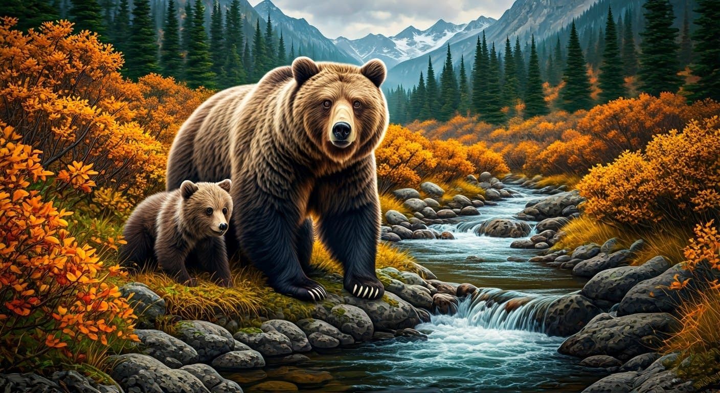 Grizzly Bear and Cub by Autumn Mountain Stream