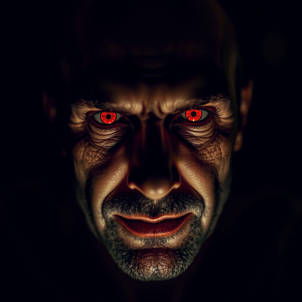 Eerie Portrait with Glowing Eyes in Hyper-Realistic Style