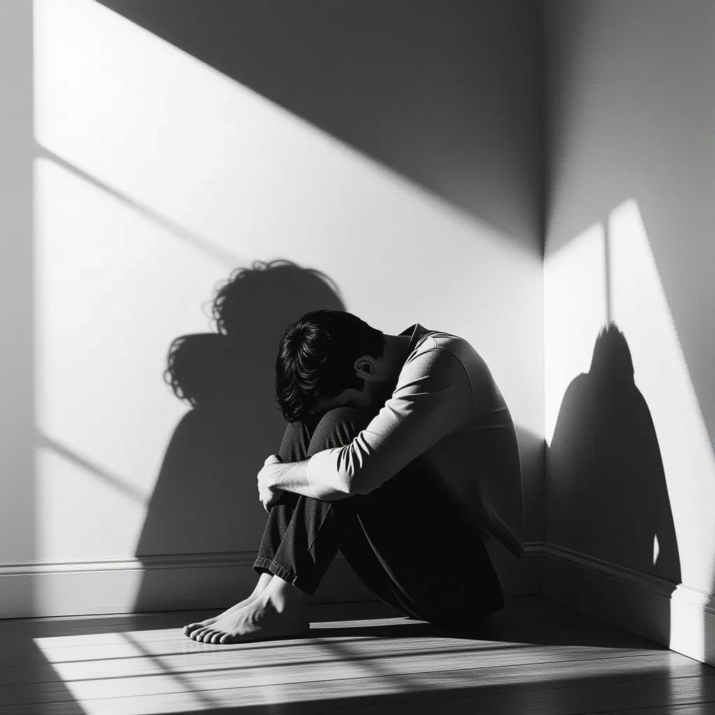 Solitary Figure Receives Shadow's Comfort in Stark Room