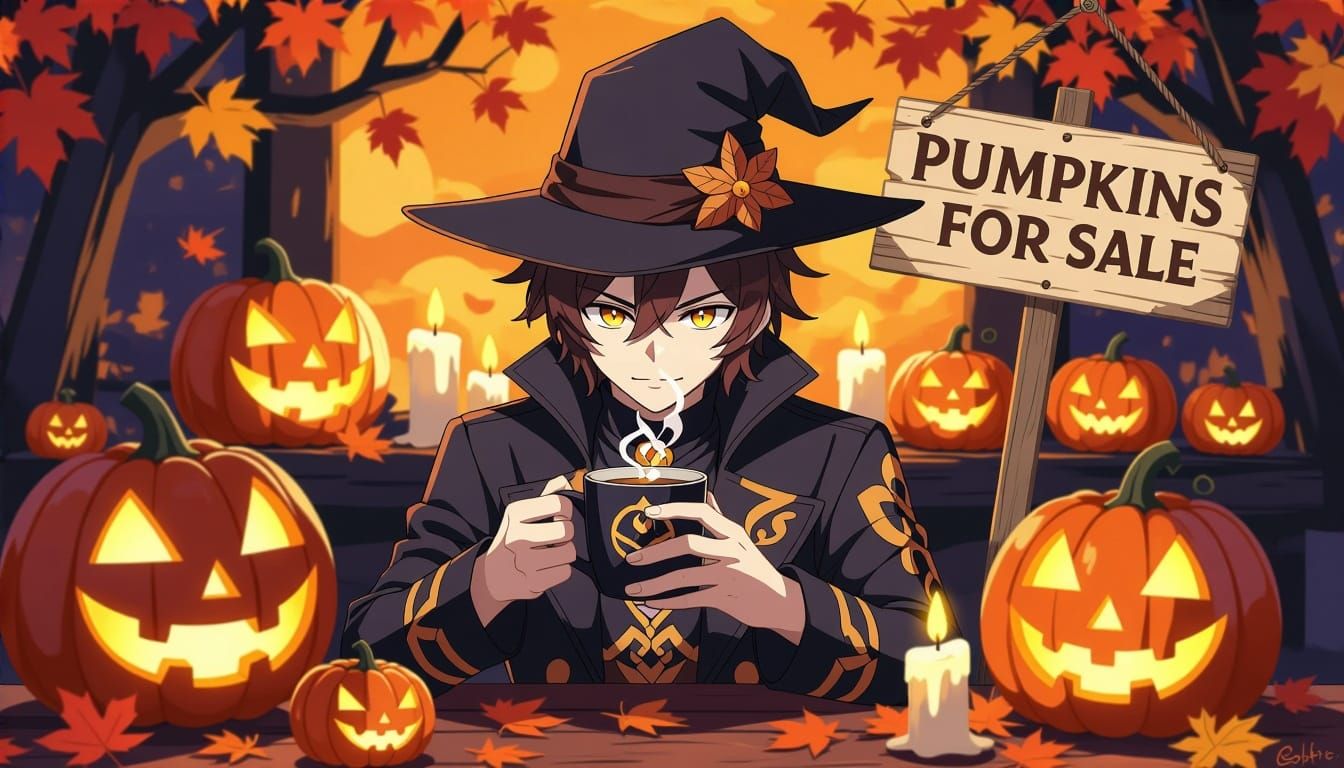 Anime Illustration of Ifa With Steaming Mug and Jack-o'-Lant...