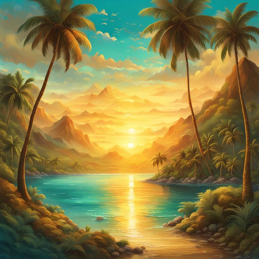 Golden Sunrise Over Turquoise Water: Matte Painting