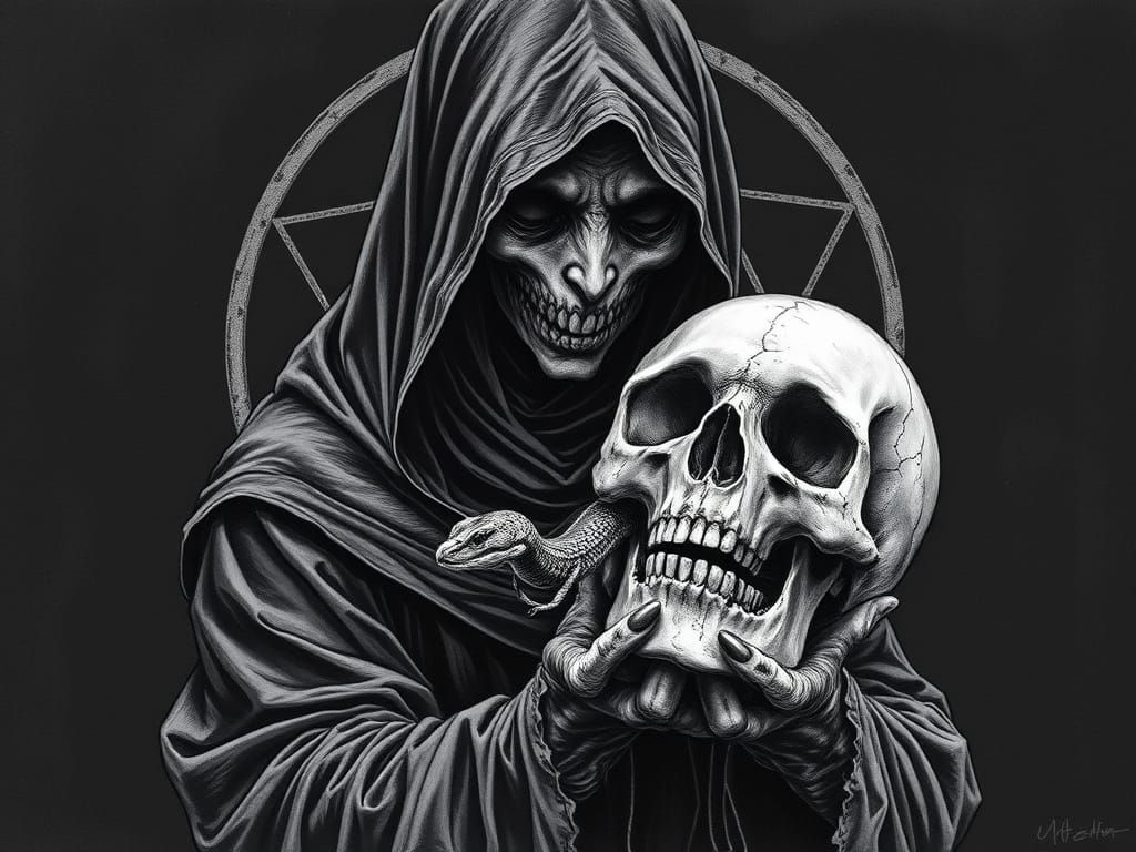 Creepy Witch with Skull: Hyperdetailed Charcoal Drawing