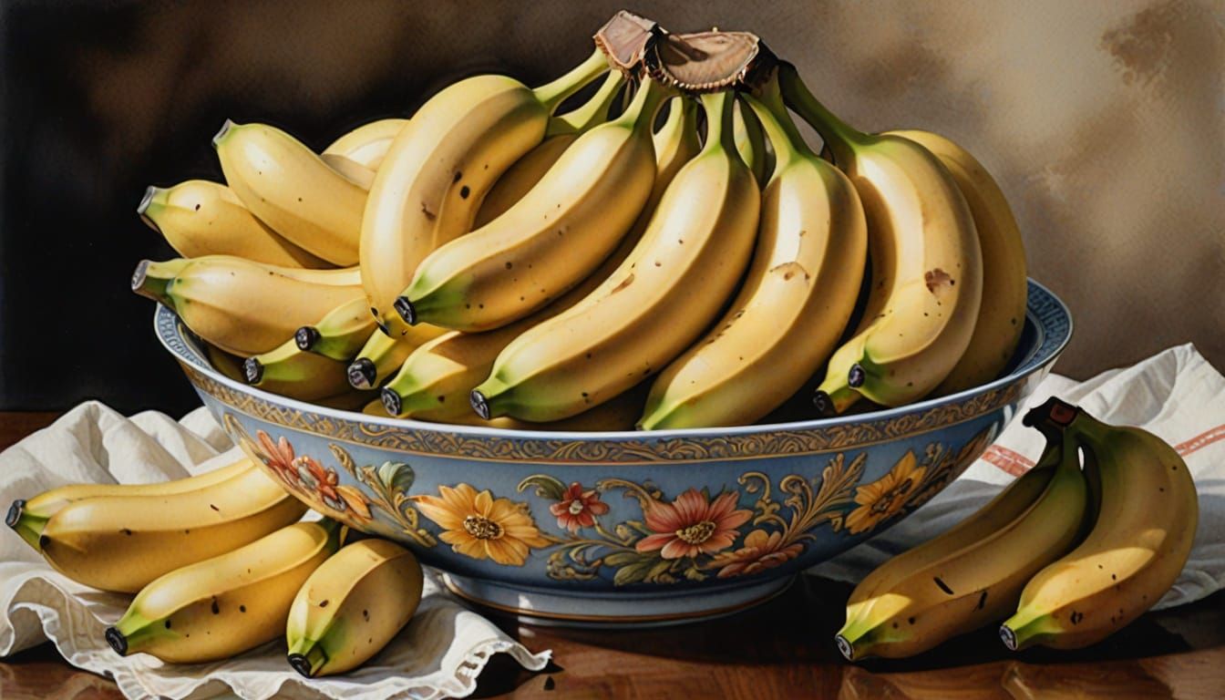 Romantic Watercolor Bananas in a Bowl