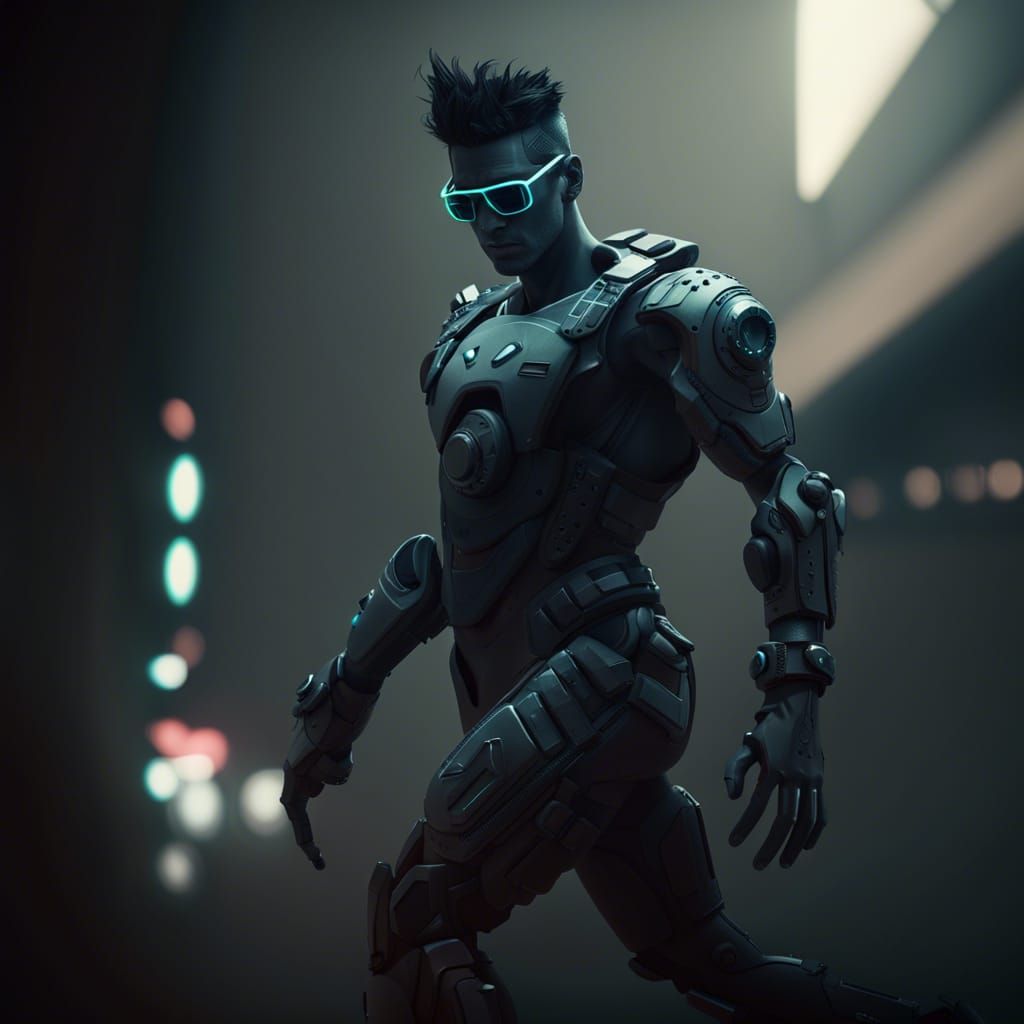 Cyberpunk Man with Shades in Dystopian Setting