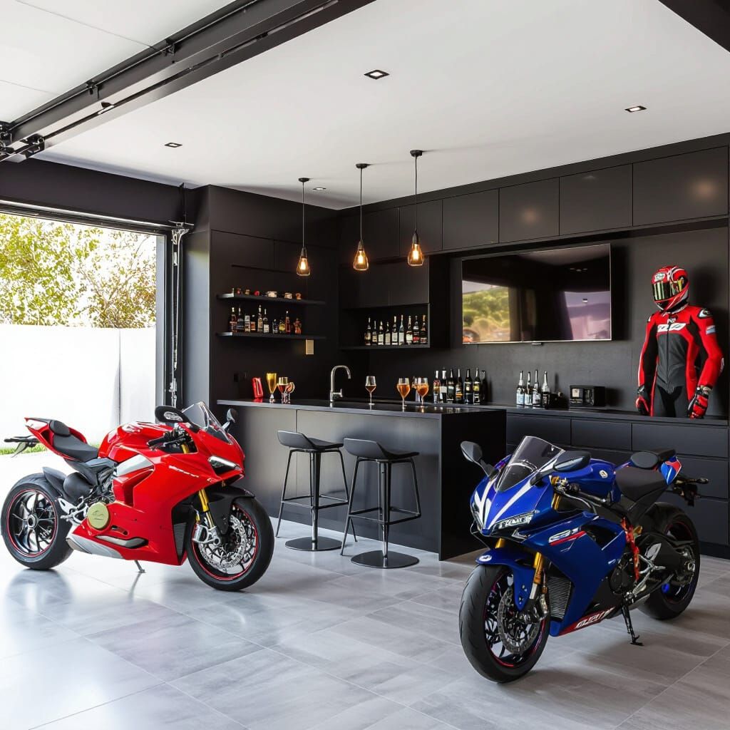 Modern Garage Man Cave with Motorcycle Collection