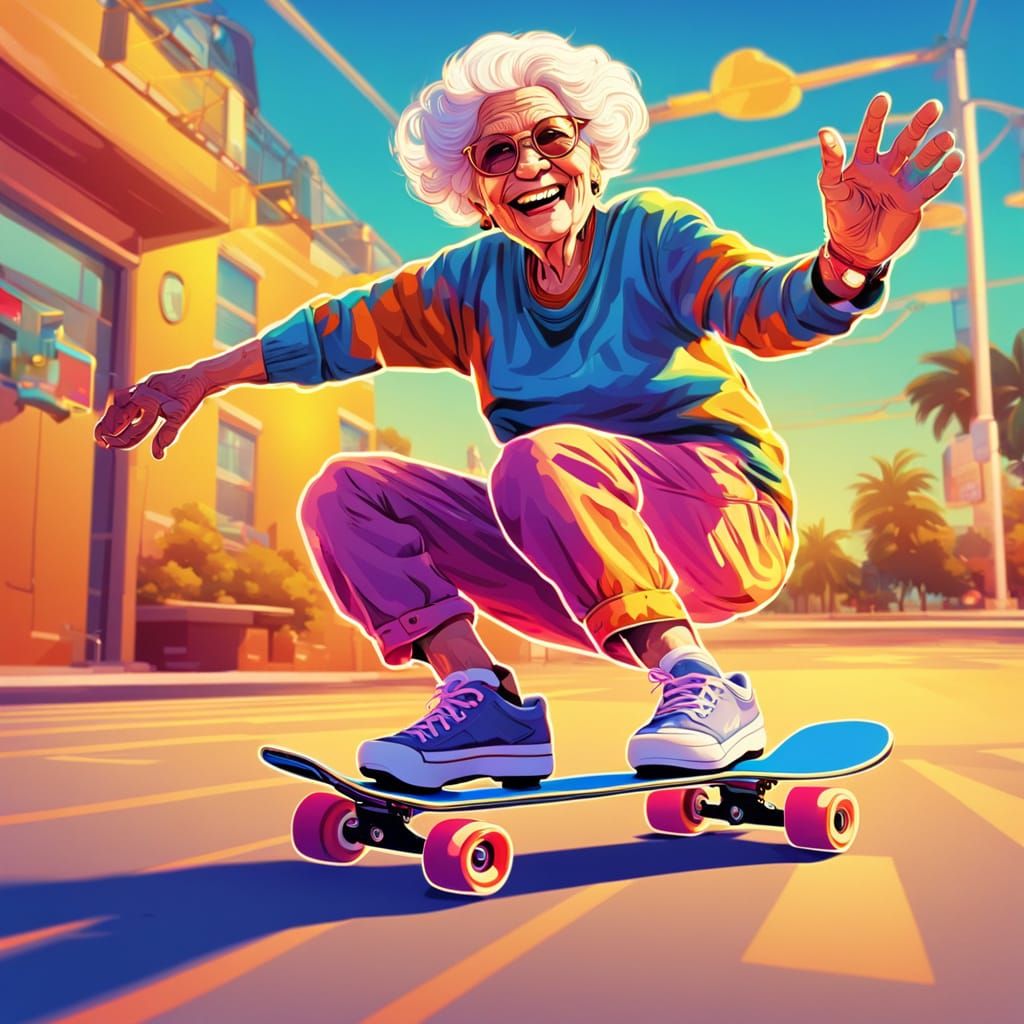 Smiling Old Lady Roller Skating in Comic Book Style